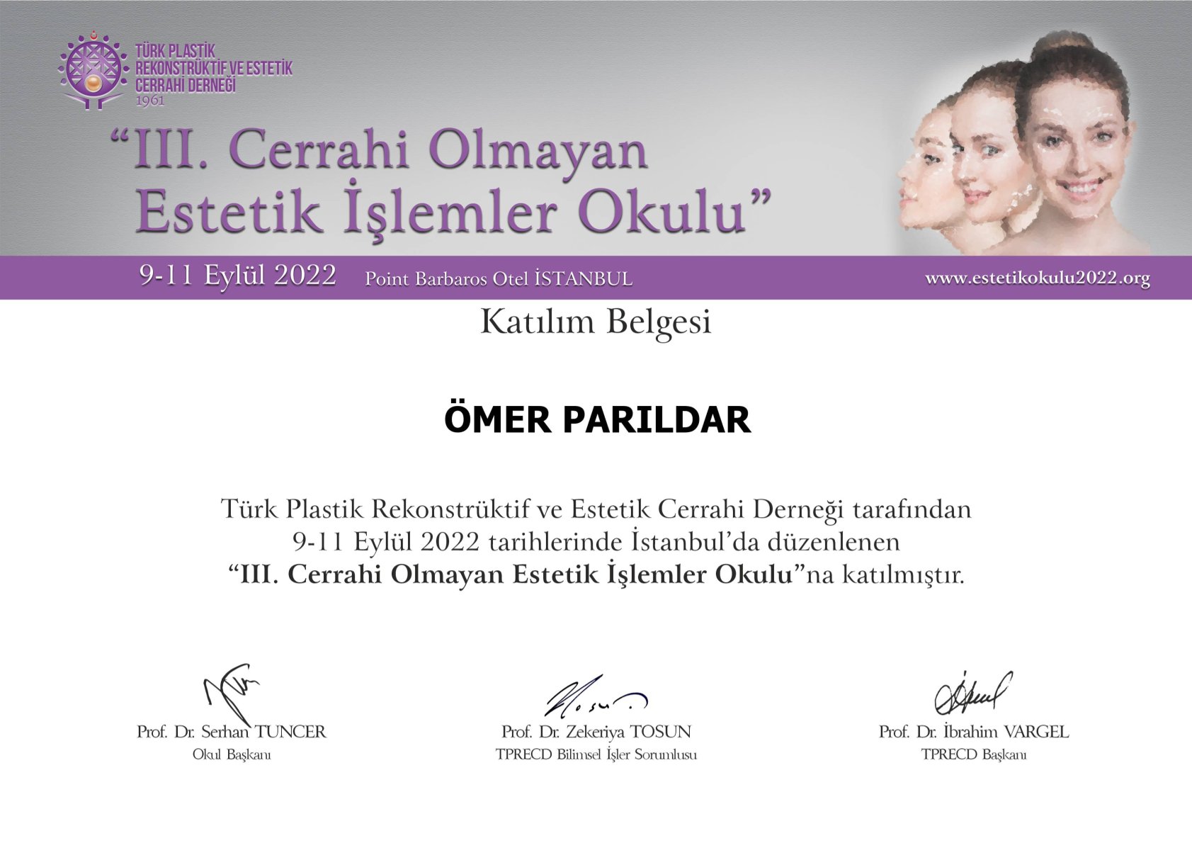 Dr. Ömer Parıldar sertifika belgesi