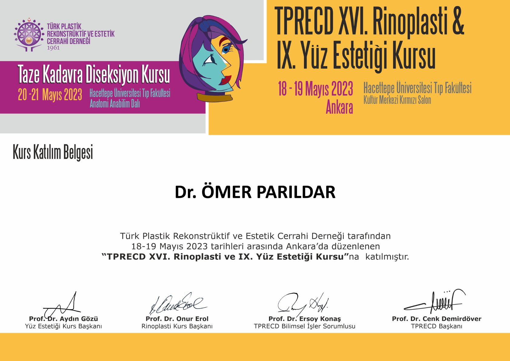 Dr. Ömer Parıldar sertifika belgesi