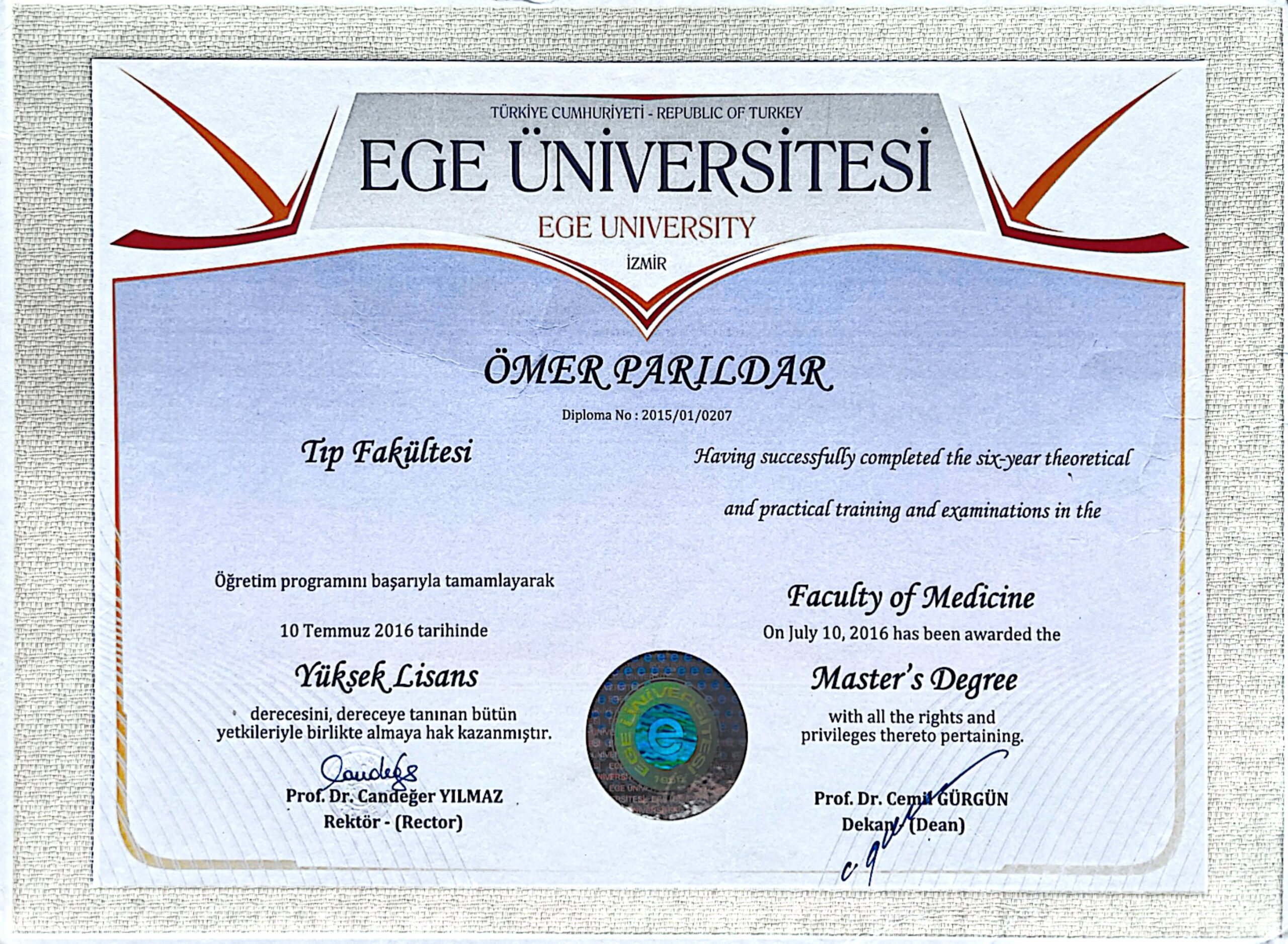 Dr. Ömer Parıldar sertifika belgesi